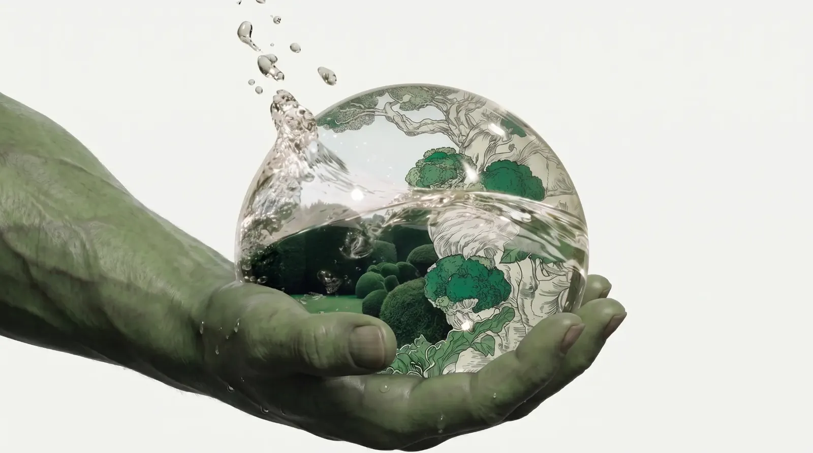 A green hand holds a glass sphere containing a garden of clipped trees and water.