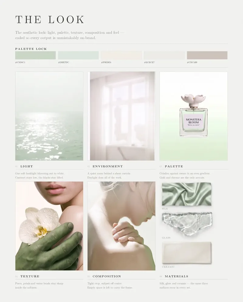 Moodboard med palett, ljus och material för The Look.