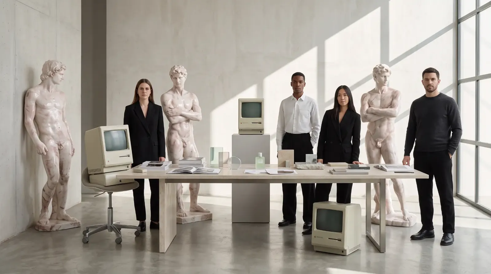 Four people in black stand at a long table in a bright concrete room alongside life-size marble statues and three vintage computers.