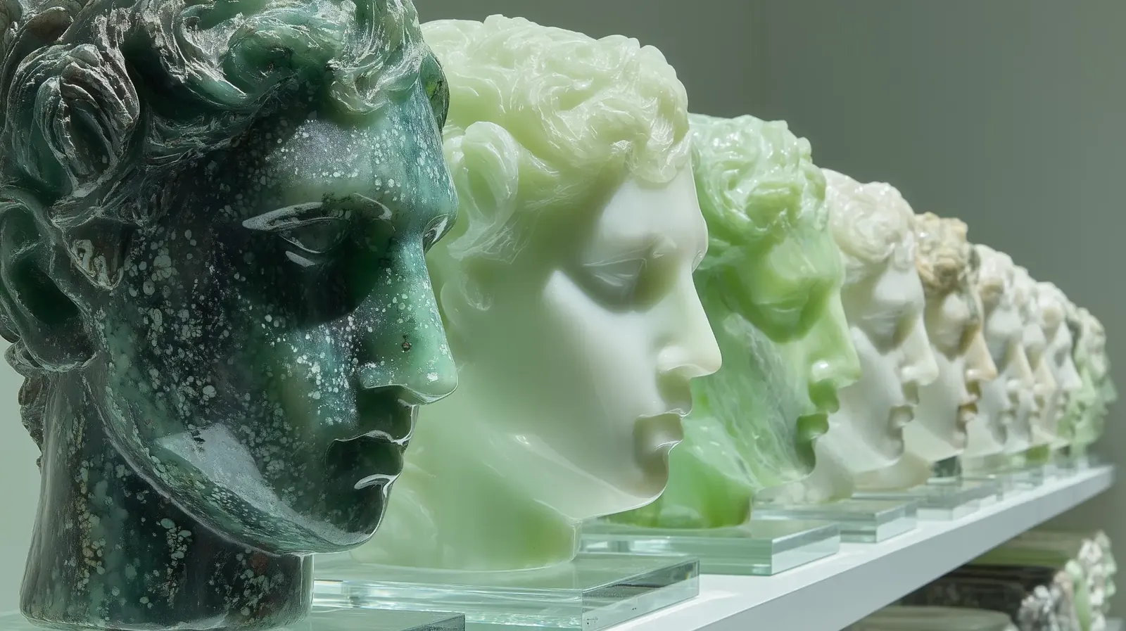 Four vintage computers in a row on a melted iridescent table — one with a portrait on screen, one chrome-plated with the same face doubled, one with a cracked black screen, and one with the face dissolved into color.